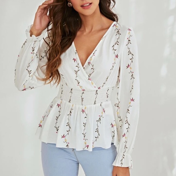 Floral print surplice neck  peplum long sleeve top - Picture 1 of 6